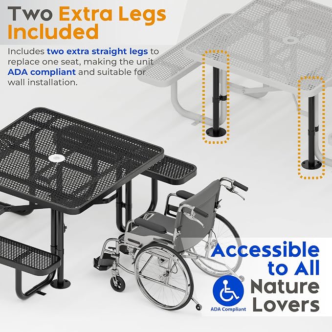 Metal Picnic Tables for Outdoors with Umbrella Hole - Coated Steel Heavy Duty Commercial Grade Furniture (Black, 46 in, Square, Expanded Steel)