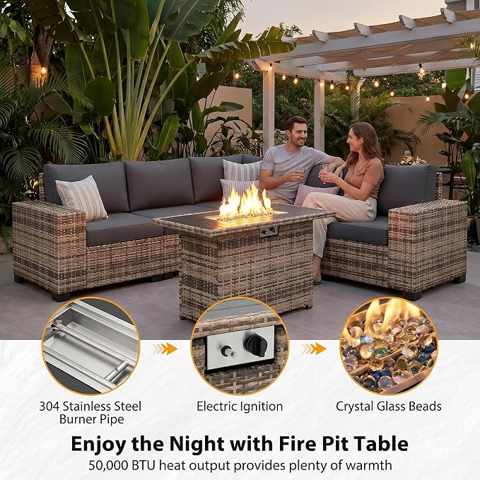UDPATIO Patio Furniture Set with Fire Pit Table, L-Shaped 8" Armrest Sectional Set, All-Weather PE Rattan Conversation Furniture w ‌Thick Cushions, Coffee Table for Outdoor Backyard Porch Grey