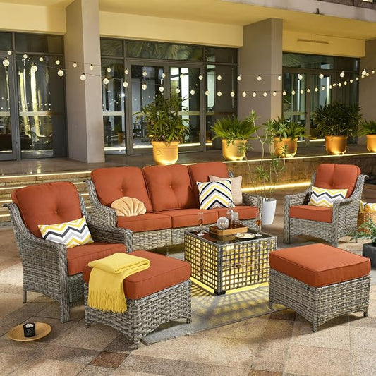 ovios 6 Piece Outdoor Patio Furniture with 3 Seat Sofa,Rattan Wicker Coversation Set with High Back,Sectional Single Sofa with Ottoman for Outside Porch Balcony Backyard Pool, Red
