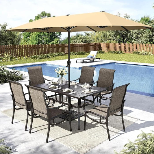 MFSTUDIO Outdoor Dining Set with Umbrella, Patio Dining Set for 6 Persons, Patio Furniture Set with Rectangle Table & Textilene Chairs & Beige Umbrella (Base not Included)