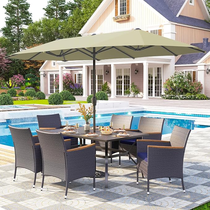 PHI VILLA 7pc Patio Dining Set w/Umbrella, Rectangular Table, Rattan Chairs | Outdoor Dining Set for 6, 60" Metal Table & 6 Cushioned Rattan Chairs with Beige Umbrella for Outdoor, Deck, Yard, Porch