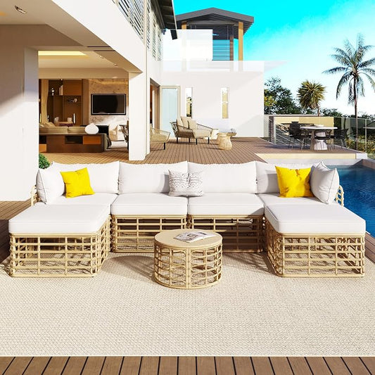 7 Pieces Outdoor Patio Furniture, All-Weather Rattan Sectional Sofa Set with Thick Cushions and Pillows, Freely Combined Conversation Sets for Garden, Backyard, Balcony (Beige#33)