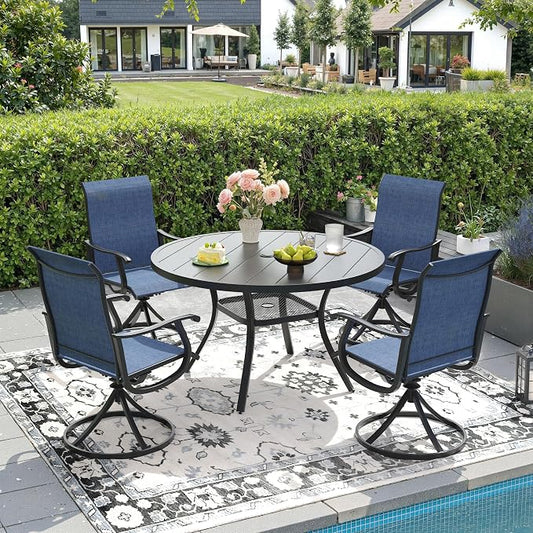 DIFY Outdoor Dining Set for 4, 5 Piece Patio Table and Chairs Set, Swivel Patio Dining Chairs with Blue Textilene & 40.6" Black Round Metal Dining Table with Umbrella Hole, for Garden Backyard Deck