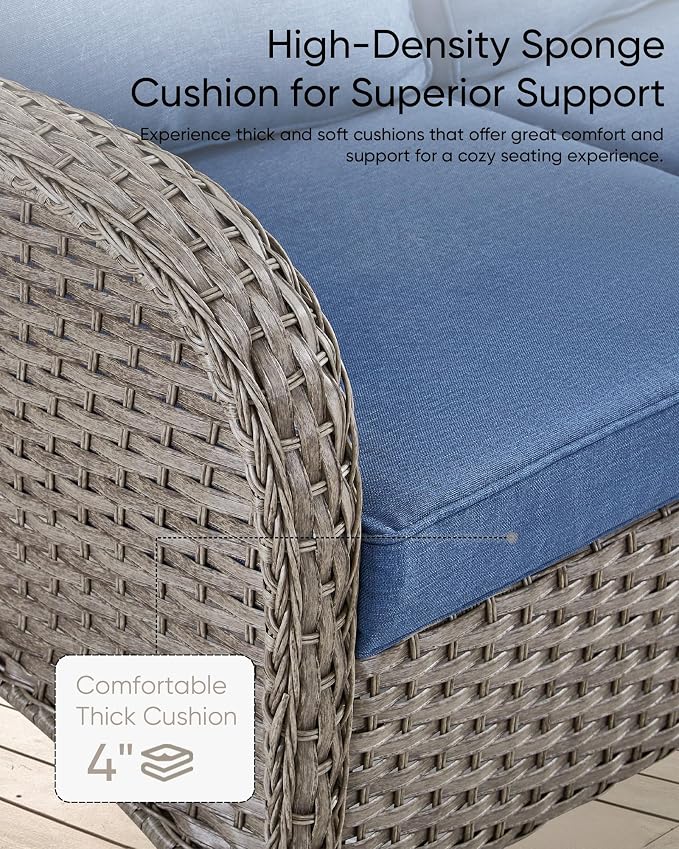 HUMMUH 7 Pieces Outdoor Furniture Set-All Weather Wicker Rattan Couch with Outdoor Rocking Chair Patio Furniture for Deck Lawn Porch Balcony Poolside-Grey/Blue
