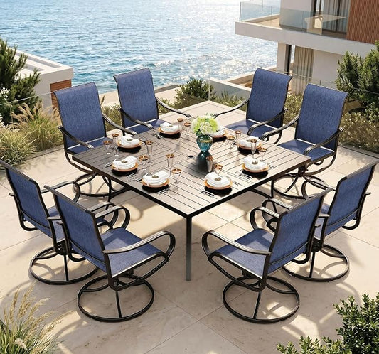 Sophia & William Outdoor Dining Set for 8 w/Square Metal Table, Blue | 57.5'' table and 8 patio swivel chairs with E-coating metal & textilene fabric. Weather-resistant. Suitable for deck, garden