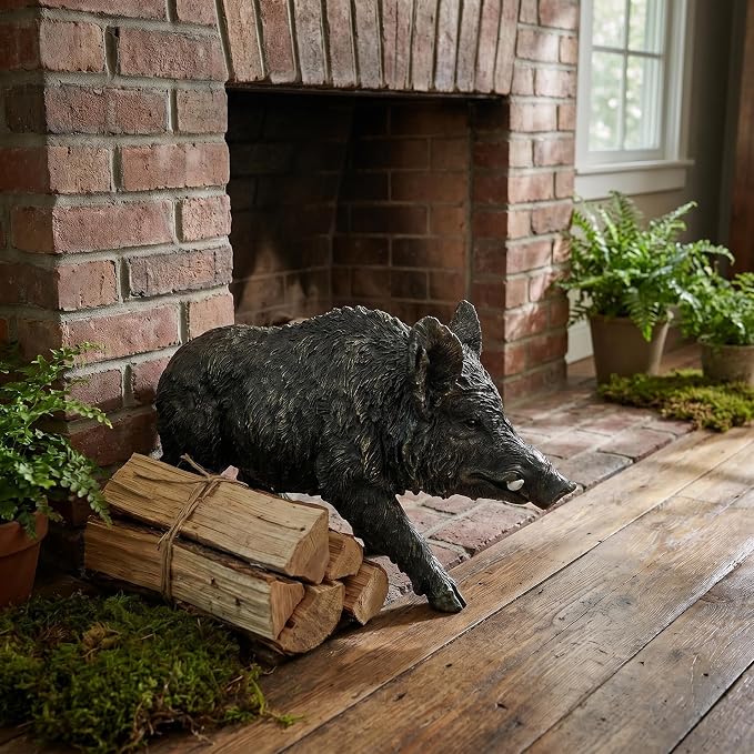 Rustic Wild Boar Garden Statue, Black, 21.26 Inch Resin | Animal Sculpture, Textured Fur & Prominent Tusks, Outdoor Ornament, For Lawn, Patio & Woodland Landscape