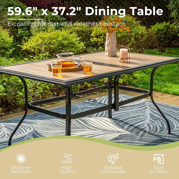 MIXPATIO Outdoor Patio Dining Table for 6, 60" x 37" Rectangular Metal Patio Dining Table with Umbrella Hole and Faux Wood Tabletop, All Weather Wrought Iron Black Outdoor Table for Backyard and Porch