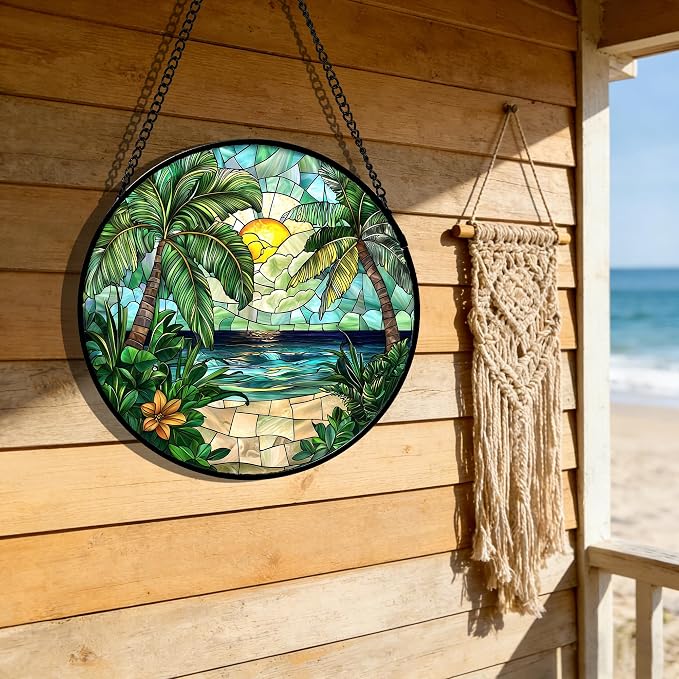 DASTOLL Stained Glass Window Hanging, Green Beach Scenery Suncatcher Diamond Glass Panel Hangings Sun Catchers Decor for Birthday for Women, Men, Wife, Aunt, and Mom 9.8 in