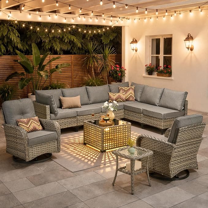 10 Pieces Patio Furniture Set, Outdoor Conversation Set with 360° Swivel Rocker Chairs, Wicker Sectional Sofa & Solar Coffee Table, High Back Outdoor Furniture L Shaped Couch for Porch Deck, Dark Gray