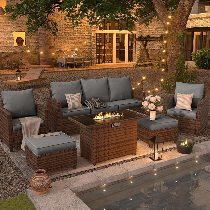 UDPATIO Outdoor Patio Furniture Set with 44" Fire Pit Table, 6 Pieces Sectional Conversation Sets, All-Weather Wicker Rattan Sofa Ottoman with 4" Thick Cushion for Garden Backyard Deck, Dark Grey