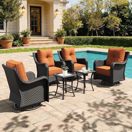 6 Pieces Outdoor Furniture Set with 6-inch Cushions, High Back Wicker Swivel Rocker Chairs with Coffee Table, Luxury Conversation Set for Deck Patio and Poolside