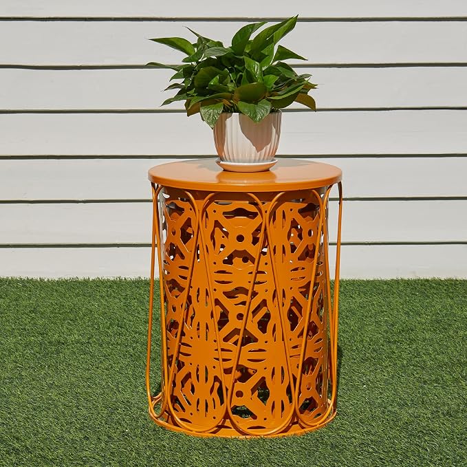 Y&M Outdoor Side Tables Set of 3, Metal Stacking Patio Side Tables for Outside, Round Indoor End Tables, Decorative Garden Stool Plant Stand for Patio Garden Balcony Porch, Orange