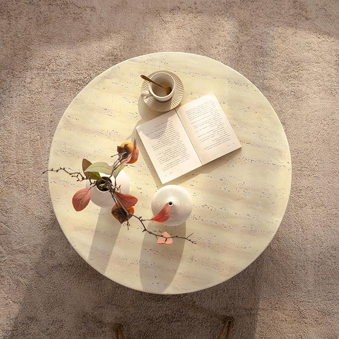 Round Marble Coffee Table 31.5" Faux Stone Coffee Table for Living Room, Modern Travertine Center Table, Magnesium Oxide, No Assembly, Beige