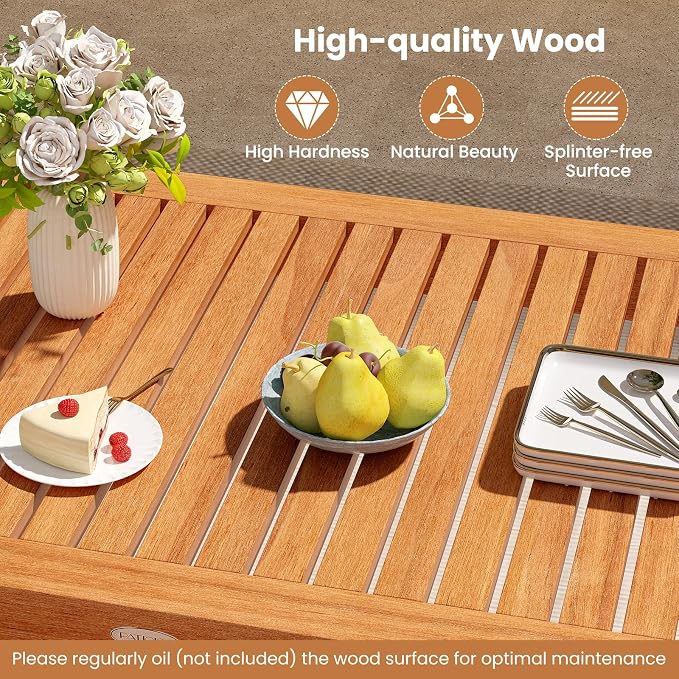 Tangkula 48 Inches Wood Outdoor Dining Table for 4-6 People, Rectangular Patio Table with Slatted Tabletop, Outside Dining Furniture for Lawn, Garden and Backyard
