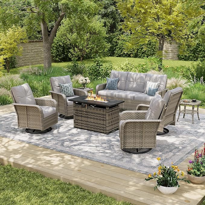 Aoxun Luxury 8-Piece Patio Furniture Set with 44'' Fire Pit Table, Wicker Rattan Sofa with Thick Cushion, Outdoor Conversation Set for Backyard, Poolside & Garden, Beige/Gray