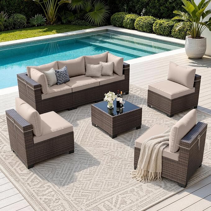 Outdoor Patio Furniture Set, 7 Pieces Outdoor Sectional Furniture Patio Sofa, All-Weather PE Rattan Patio Conversation Set with Tempered Glass Top Table & Cushions