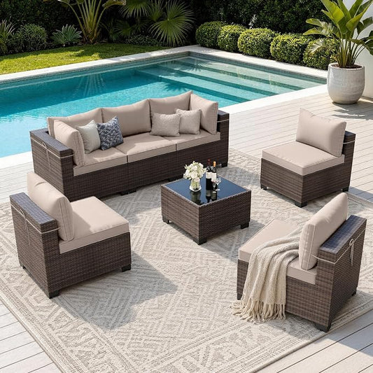 Outdoor Patio Furniture Set, 7 Pieces Outdoor Sectional Furniture Patio Sofa, All-Weather PE Rattan Patio Conversation Set with Tempered Glass Top Table & Cushions