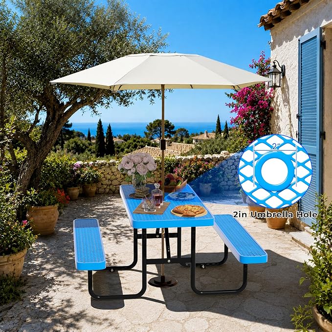 4FT Rectangular Steel Outdoor Picnic Table, Commercial Picnic Table Bench Set with Umbrella Hole, Weather-Resistant Heavy Duty School Dining Table for Stores, Park, Patio, Garden, Backyard, Blue