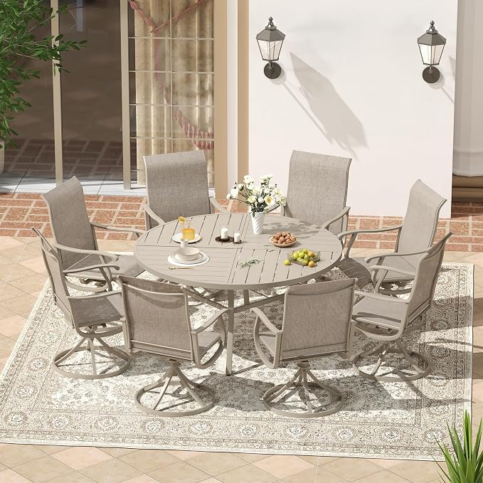 VICLLAX Patio 9 Pieces Outdoor Dining Set, 60" Round Metal Table with Umbrella Hole and 8 Swivel Textilene Chairs for Lawn, Garden, Porch, Sandshell