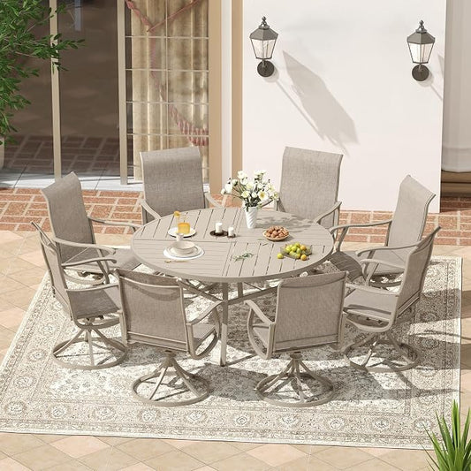 VICLLAX Patio 9 Pieces Outdoor Dining Set, 60" Round Metal Table with Umbrella Hole and 8 Swivel Textilene Chairs for Lawn, Garden, Porch, Sandshell