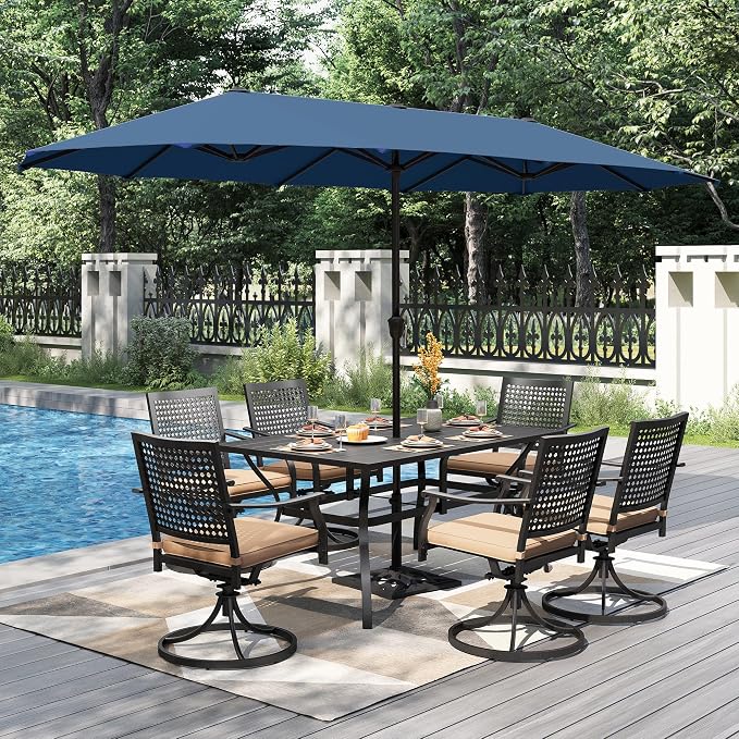 PHI VILLA Outdoor Table Chairs Set for 6, Patio Metal Furniture w/Umbrella | 60" wrought iron rectangle table & swivel chairs w/ cushions. 13ft blue umbrella. 7 pcs furniture set for deck, porch