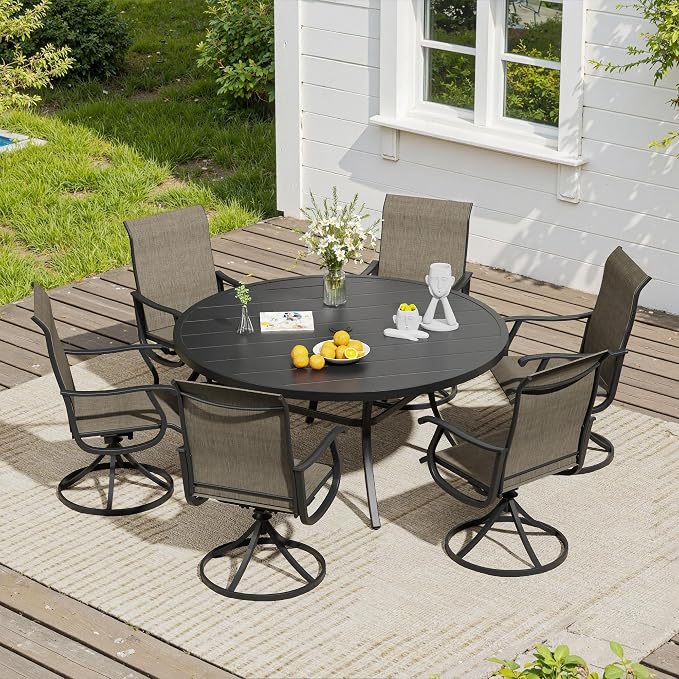 VICLLAX 7 Pieces Outdoor Dining Set, Patio Furniture Set of 6 Patio Swivel Dining Chairs and 50" Patio Round Table, Mixed Brown Chairs & Black Tabletop