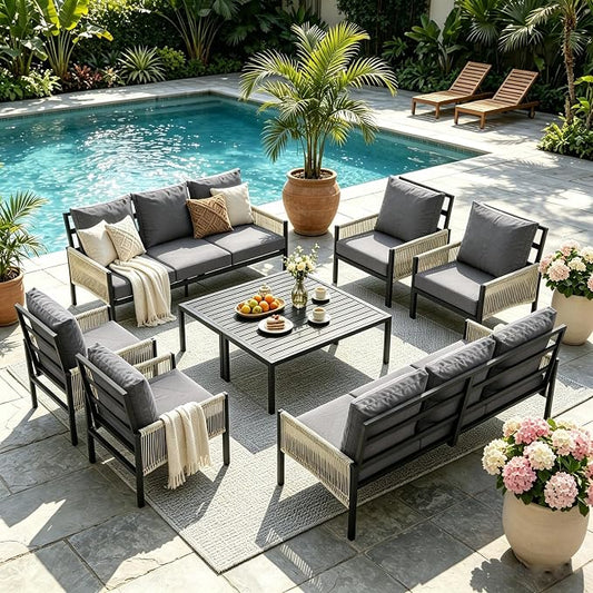 AECOJOY Aluminum Patio Furniture Set 10 Seats Outdoor Sectional Couch with Coffee Central Table Patio Conversation Sets for Porch Deck (Dark Grey, 8PCS, 10 Seat)
