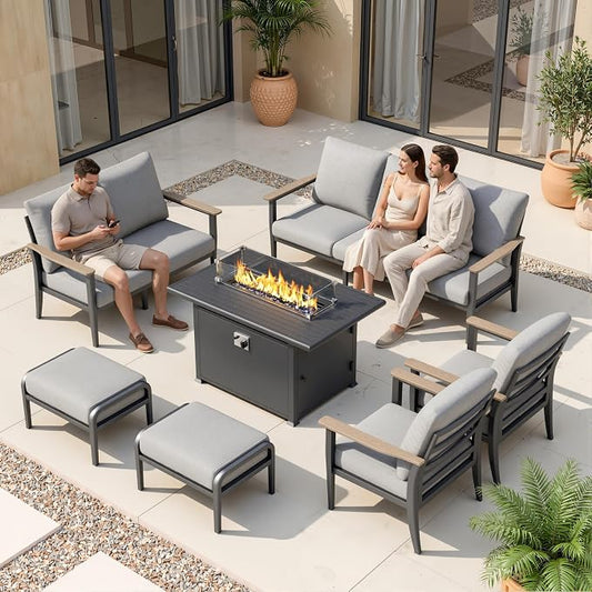 Aluminum Outdoor Patio Furniture Set, 7-Piece Sectional Sofa with 5.1" Thick Cushions, Ottomans, 55,000 BTU Propane Fire Pit Table, Outdoor Couch for Backyard, Deck, Gray