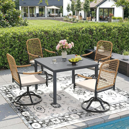 DIFY 5 Pieces Outdoor Dining Set, Metal Patio Table and Chairs Set for 4, 40.2" Square Dining Table with Umbrella Hole & Wicker Swivel Patio Chairs with Cushions, Grey Tabletop