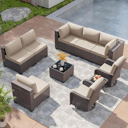 Patio Furniture Set 10 Pieces Wide PE Rattan Sofa Set Outdoor Sectional Furniture,Patio Swivel Chair Sofa Set Patio Conversation Set w/Cushions and Glass Coffee Table,Sand