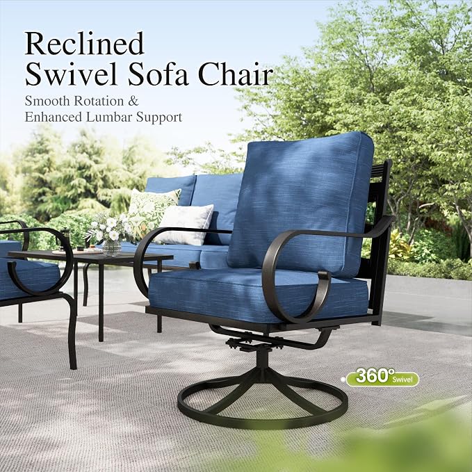 Sophia & William Patio Conversation Set for 7, 3-Seater Sofa, 2 Fixed Chairs, 2 Swivel Chairs and a 45" Fire Pit Table, Metal Outdoor Furniture with 5.75" Extra Thick Cushions, Navy