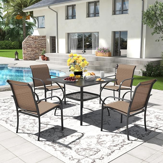 5 Pieces Patio Dining Set, 38" Square Dining Table with Umbrella Hole, 4 Stackable Textilene Fabric Chairs, Metal Structure for Patio, Porch, Garden(Black Table, Brown Chair)