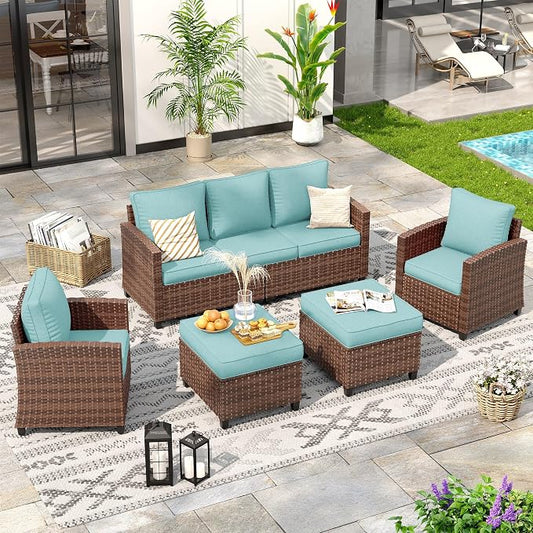 Outdoor Furniture Set, 5 Pcs Wicker Patio Couch with Chairs, Ottomans and Thick Cushions, All Weather Wicker Rattan Patio Conversation Set,Light Blue
