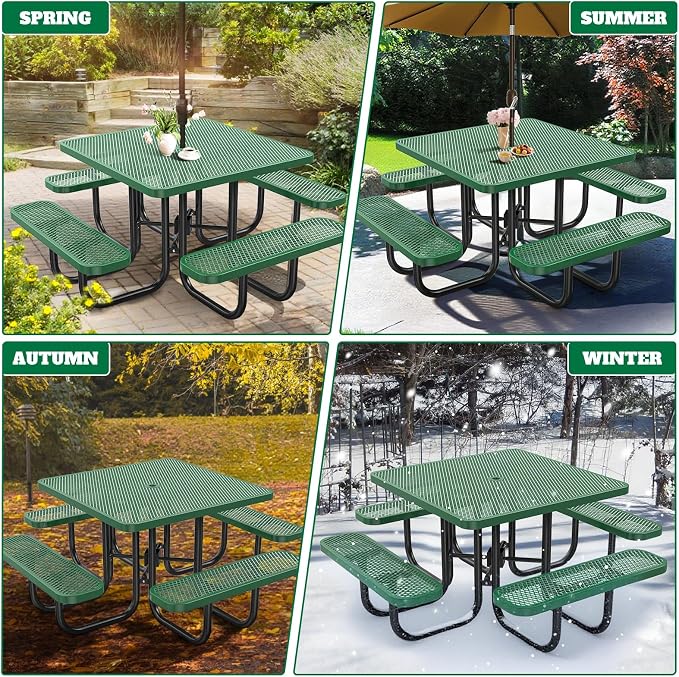 Heavy Duty Picnic Table with Umbrella Hole, Expanded Meta Outdoor Metal Patio Dining Table & Outdoor Bench Set, Steel Mesh Dining Furniture for Garden, Lawn, Patio (47 INCH Green Square Table)