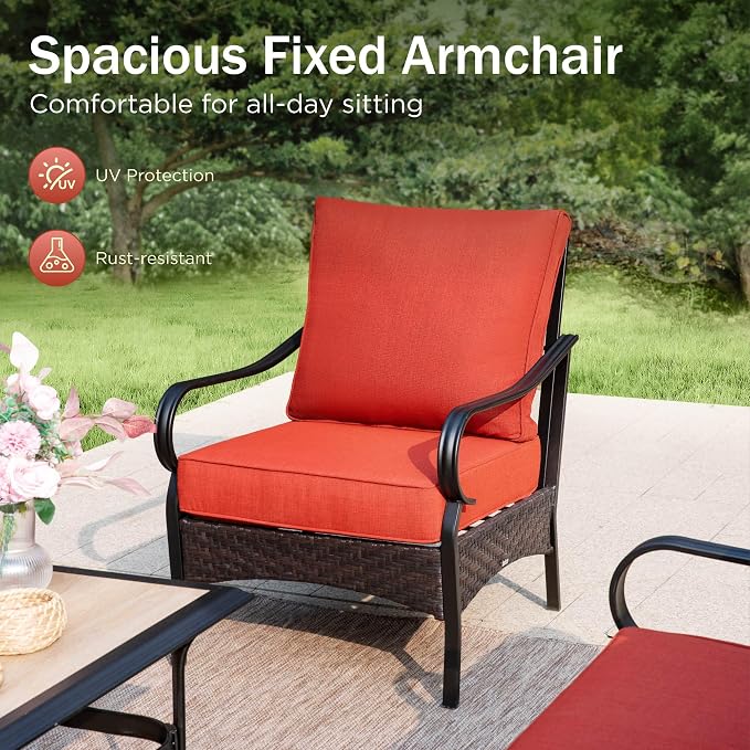 Patio Furniture Set with 32" Fire Pit Table,Patio Conversation Sets 4 Fixed Chairs with Thick Cushion and 50000 BTU Fire Pit Table (5 Pieces,Red