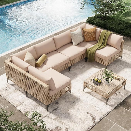 U-MAX 7-Piece Patio Furniture Set with Tea Table, Boho Outdoor Furniture Set Sectional Sofa Wicker Conversation Set with Light Brown Rattan&Beige