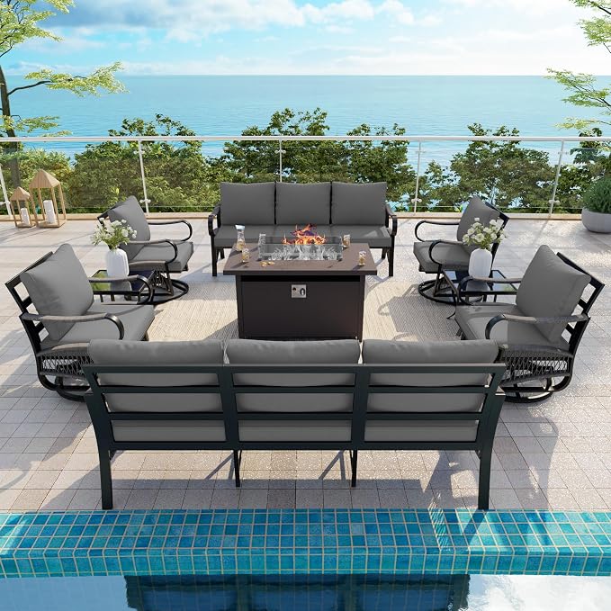 9-Piece Outdoor Furniture Set, Metal Swivel Rocking Chairs with All-Weather Cushions, Patio Conversation Set with Fire Pit Table for Deck, Porch, Garden, Backyard, Poolside (Gray Cushions)