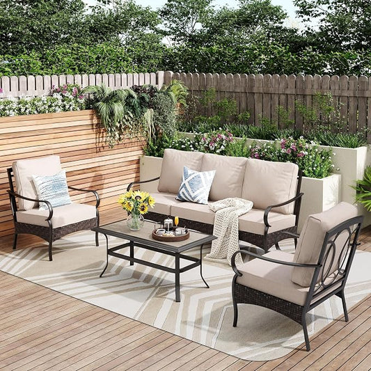PHI VILLA Outdoor Modern Patio Furniture Set, Upgraded Wicker & Metal Patio Furniture Conversation Set with Waterproof Thick Cushions for Porch, Poolside, Yard (4 Pieces,Beige)