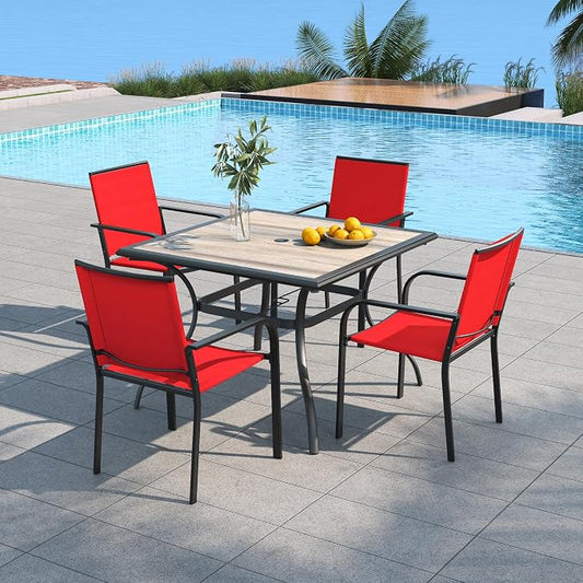 5 Piece Outdoor Patio Dining Set with 37" PVC Square Table,Cherry Red Chair | Stackable Chairs, Square Table, Table and Chair with Metal Frame, Pvc Table Top, All Weather, Textilene fabric Seat and Back