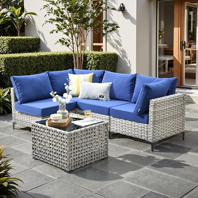 Outdoor Patio Furniture Sets,5 PCS Patio Conversation Set Outside Rattan Sectional Sofa with Coffee Table Fit Backyard Porch Garden Poolside Balcony