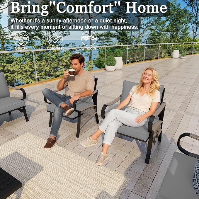 5 Pieces Patio Conversation Sets, All Weather Metal Outdoor Furniture Set with Sectional Sofa Loveseat Couch for Backyard Garden Deck Porch Poolside (Gray Cushions)