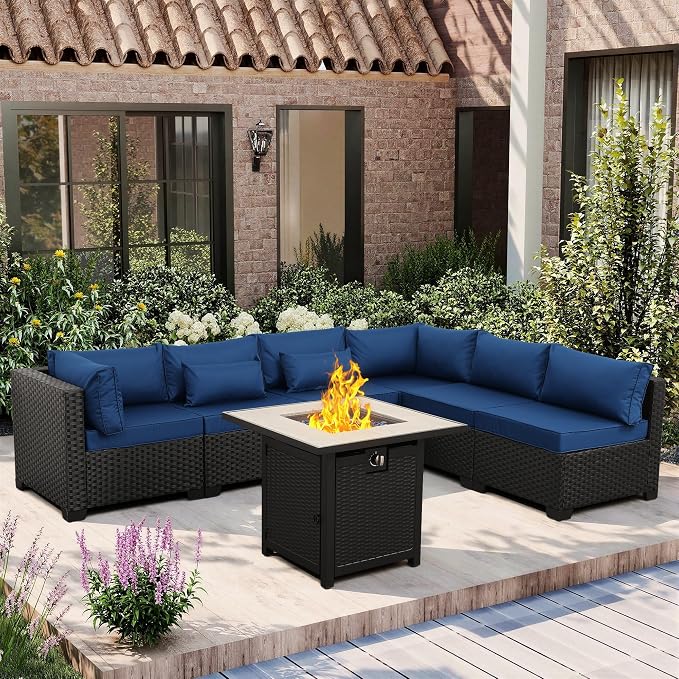 Lviden 7 Pieces Outdoor PE Wicker Furniture Set Patio Rattan Sectional Conversation Sofa Set with Non-Slip Cushions and Fire Pit Table, Navy Blue