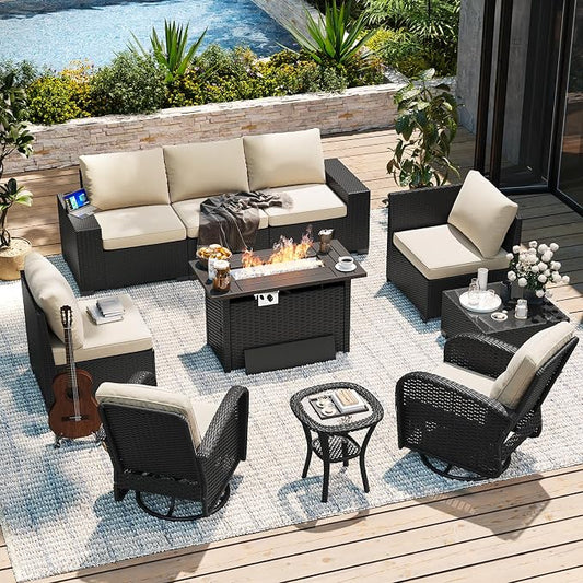 Aoxun 10-Piece Patio Furniture Set with 44” Fire Pit Table, Widen Armrests Wicker Rattan Outdoor Sectional Sofa with Swivel Chairs, Outdoor Patio Furniture Set with Thick Cushions & Ottoman, Beige