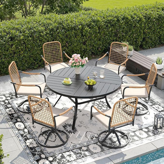 DIFY 7 Pieces Outdoor Dining Set, Metal Patio Table and Chairs Set for 6, 50" Round Dining Table with Umbrella Hole & Wicker Swivel Patio Chairs with Cushions, Black Tabletop
