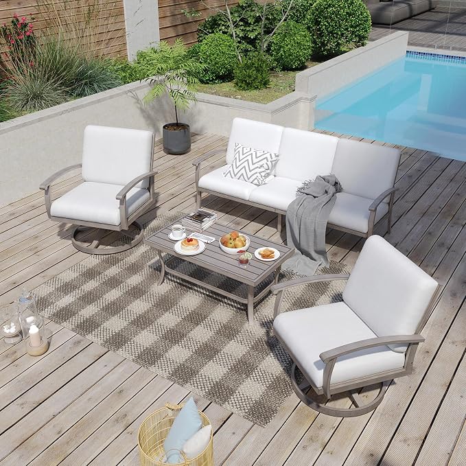 HAPPATIO 4 Piece Aluminum Patio Furniture Set, 5-Person Outdoor Swivel Chairs and 3-Seat Sofa, All-Weather Outdoor Sectional Sofa with Comfortable Cushions and Coffee Table(Gray)