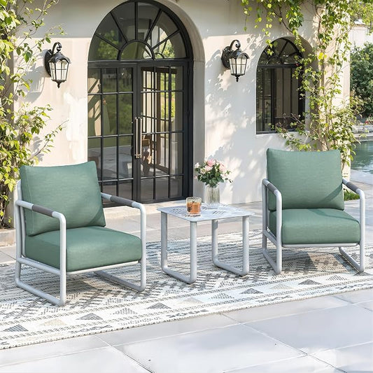 Outdoor Aluminum Patio Furniture Set, 3 Pieces Conversation Set with 6.5 Inch Cushions and Coffee Table, All-Weather Rust-Resistant Frame Conversation Set for Porch, Garden, Backyard, White