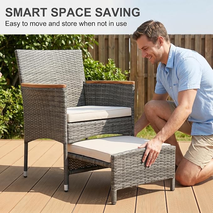 5Pcs Patio Furniture Sets Rattan Patio Chair Set of 5 Outdoor with Coffee Glass Table & Ottoman for Yard Backyard Lawn Porch Poolside Balcony (Grey)