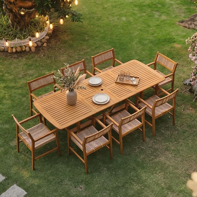 NTC Flexa Extendable Outdoor Dining Table, 63"–94.5" Solid Wood Patio Table for Patio Dining Sets with 8 Terra Chairs Weather Resistant, Easy Assembly, Natural