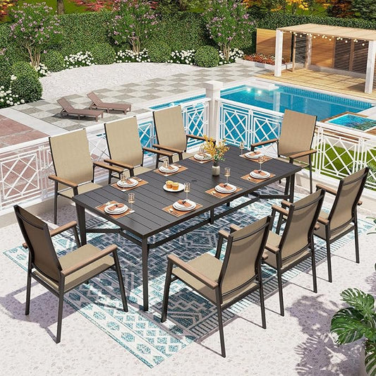 PHI VILLA Outdoor Dining Set for 8 w/Metal Table & Aluminum Chairs, Beige | Stackbale chairs, Breathable & quick-drying, Light-weight & space-saving, Rectangular Table, Umbrella Hole, Patio deck