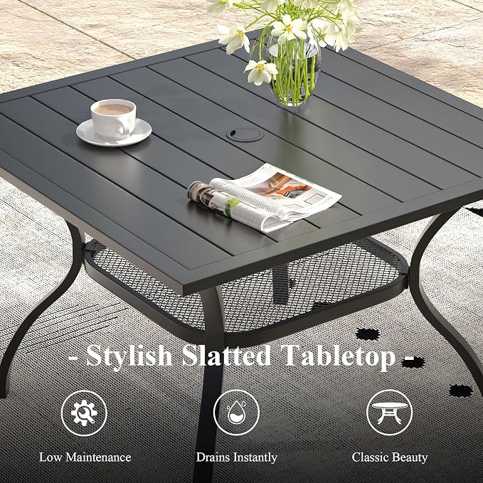 Outdoor Dining Set for 4, 37.8" Metal Outdoor Dining Table with Umbrella Hole and Sling Patio Swivel Chairs, 5 Pieces Patio Table and Chairs Set for Garden Backyard, Charcoal and Black